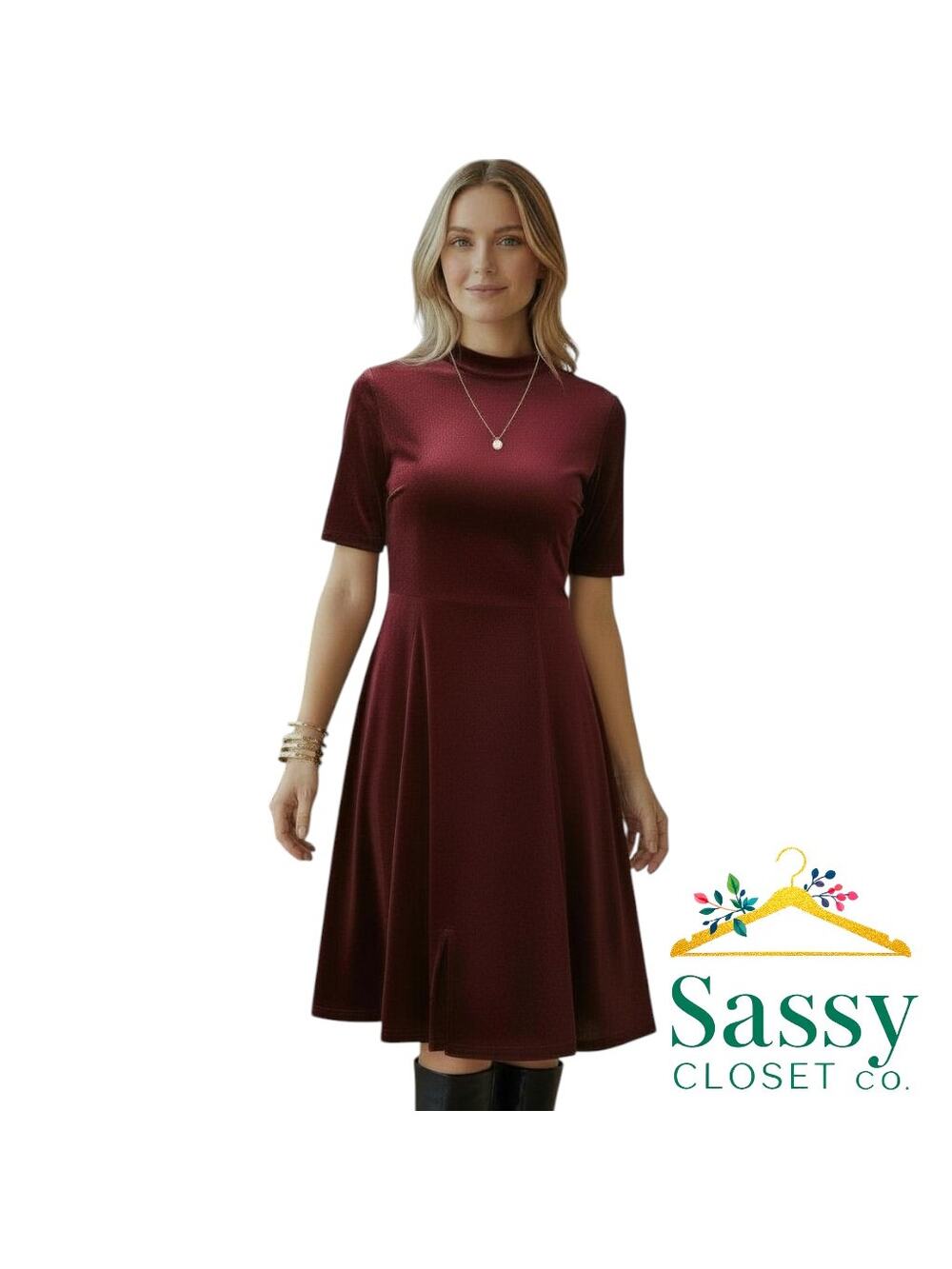 ✨ ISAAC MIZRAHI Burgundy Fit & Flare Velvet Touch Dress 4 EUC Short Sleeve 🍷